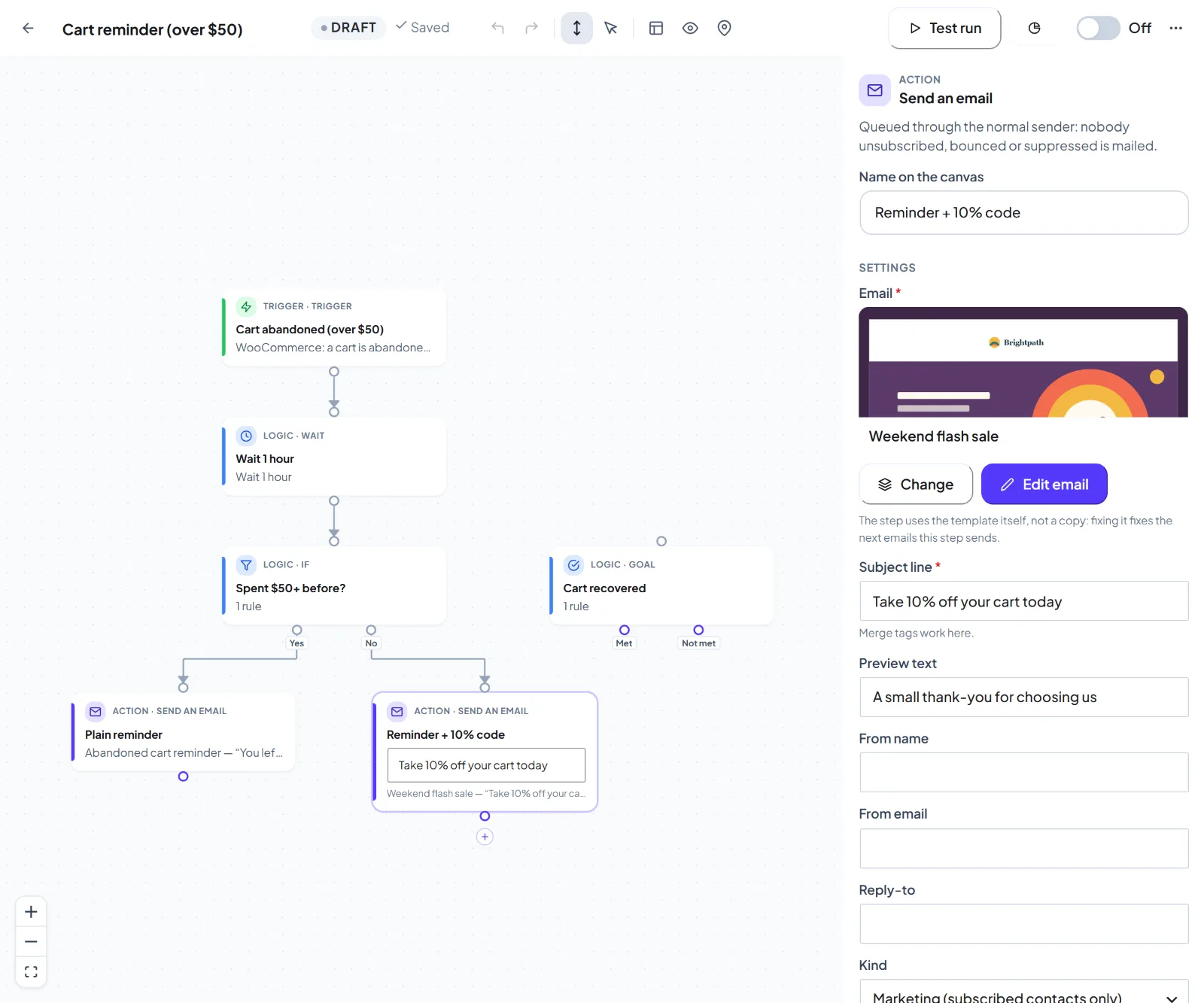 An abandoned cart flow on the HiveMail canvas with a step selected
