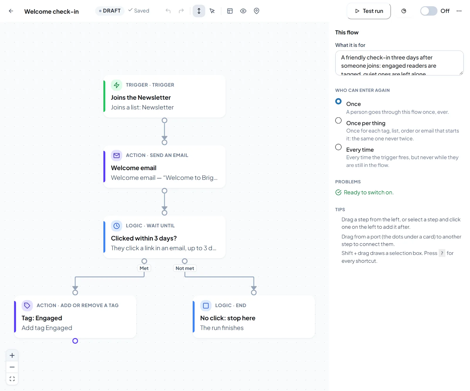 A welcome flow on the HiveMail automation canvas