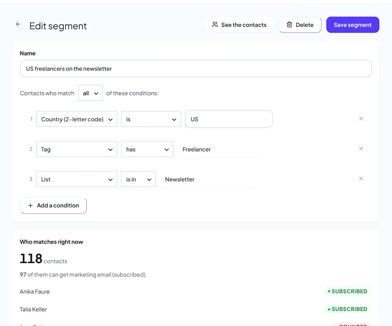 The HiveMail segment rule builder