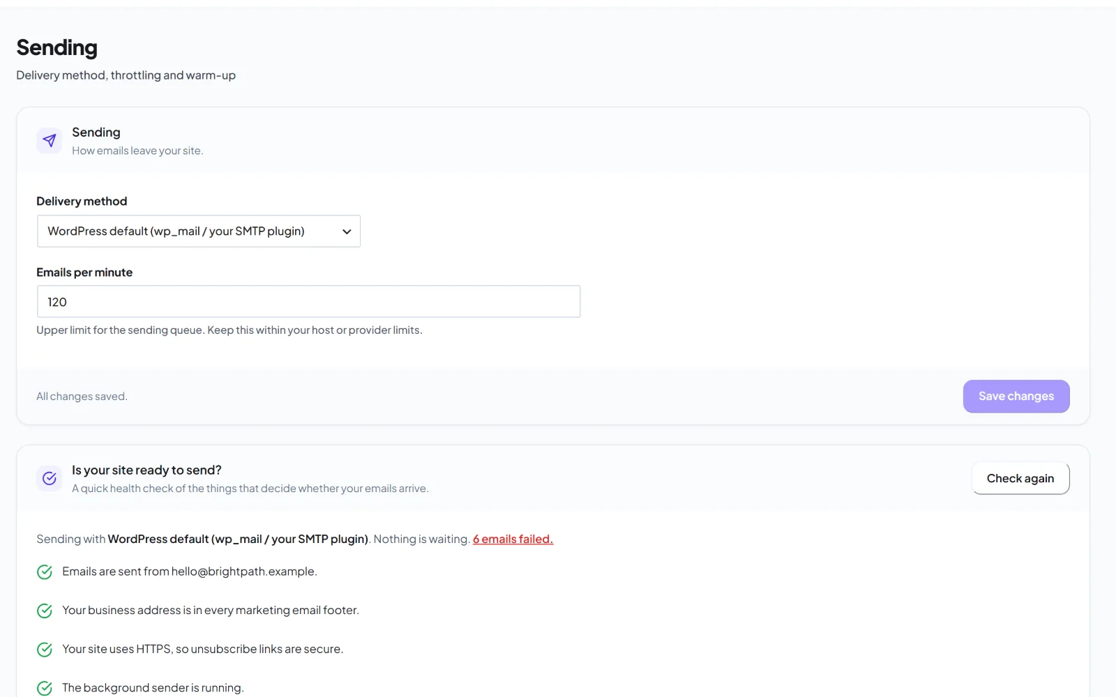 HiveMail sending settings and readiness checks