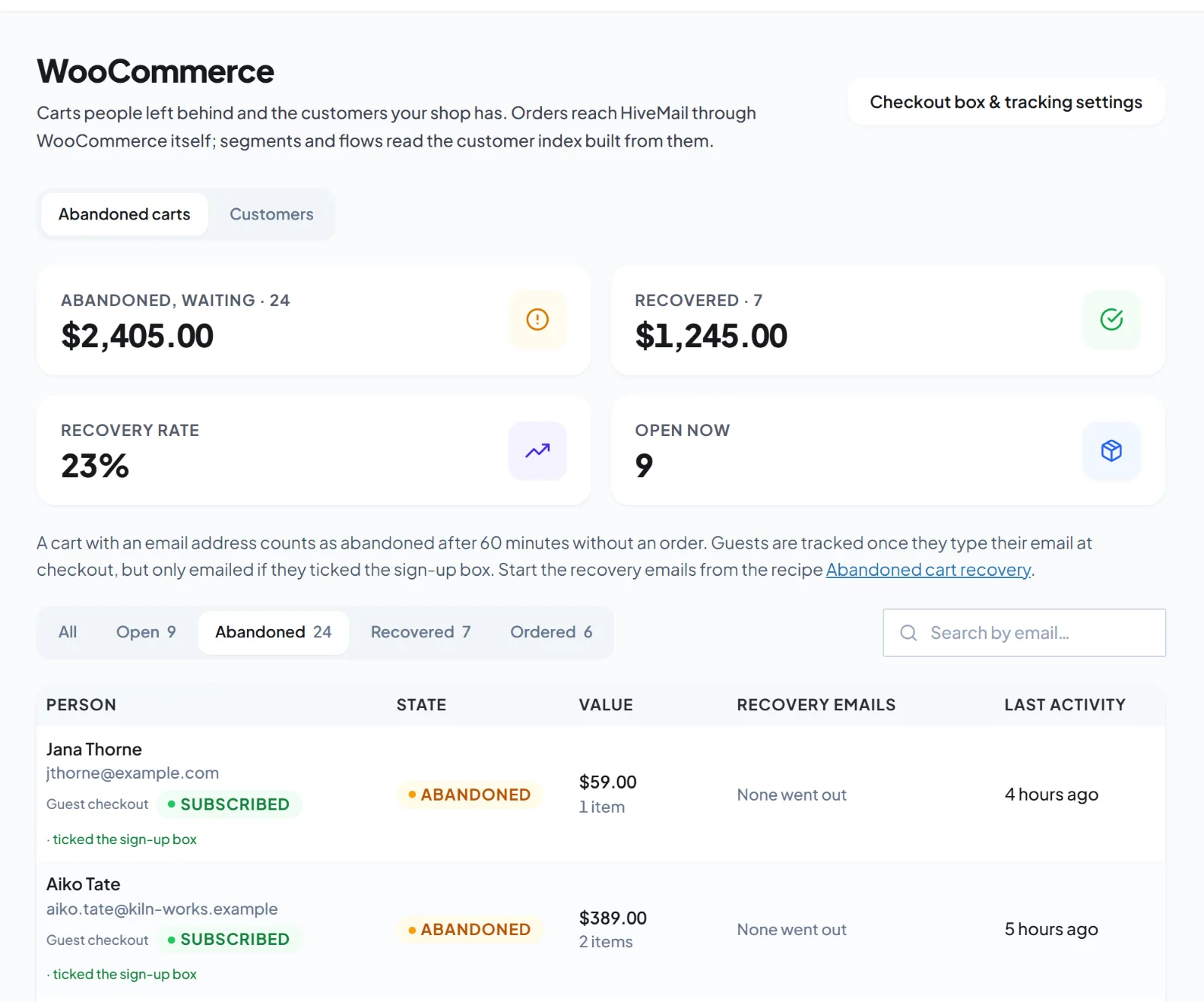 Abandoned WooCommerce carts in HiveMail